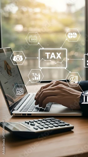 Calculating Tax Returns: Accountant Analyzing Financial Data on Laptop with Digital Tax Icons.
