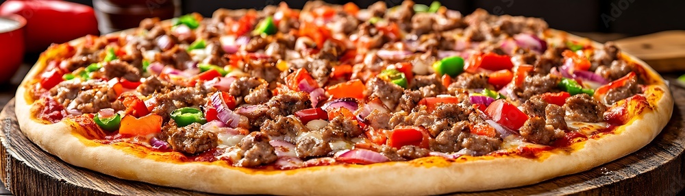 A delicious freshly baked pizza topped with various flavorful ingredients A delicious freshly baked pizza topped with various flavorful ingredients