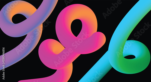 Abstract Neon Tubes on Black Background – Vibrant 3D Gradient Loops abstract background with pink flowers Rainbow Ribbon Graphic Design. Gradient Lines Abstract Background