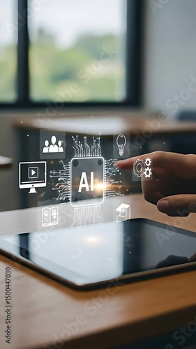 AI in Education: Student uses tablet to engage with AI technology, revolutionizing learning experience through innovation.