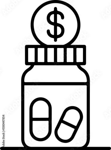 Medical pills in a bottle with a dollar coin on top symbolizing healthcare costs