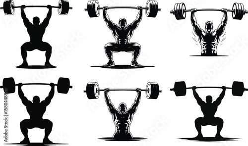 Weightlifter performing squat with barbell silhouette vector for gym, fitness, and bodybuilding themes