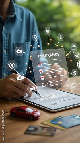 Insurance Agreement: A man in his thirties reviews and ticks boxes on a transparent insurance form at his desk, alongside a car model and credit cards, highlighting financial protection.