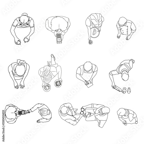 Top View People in Coffee Shop and Bar Scenes – Vector Line Set