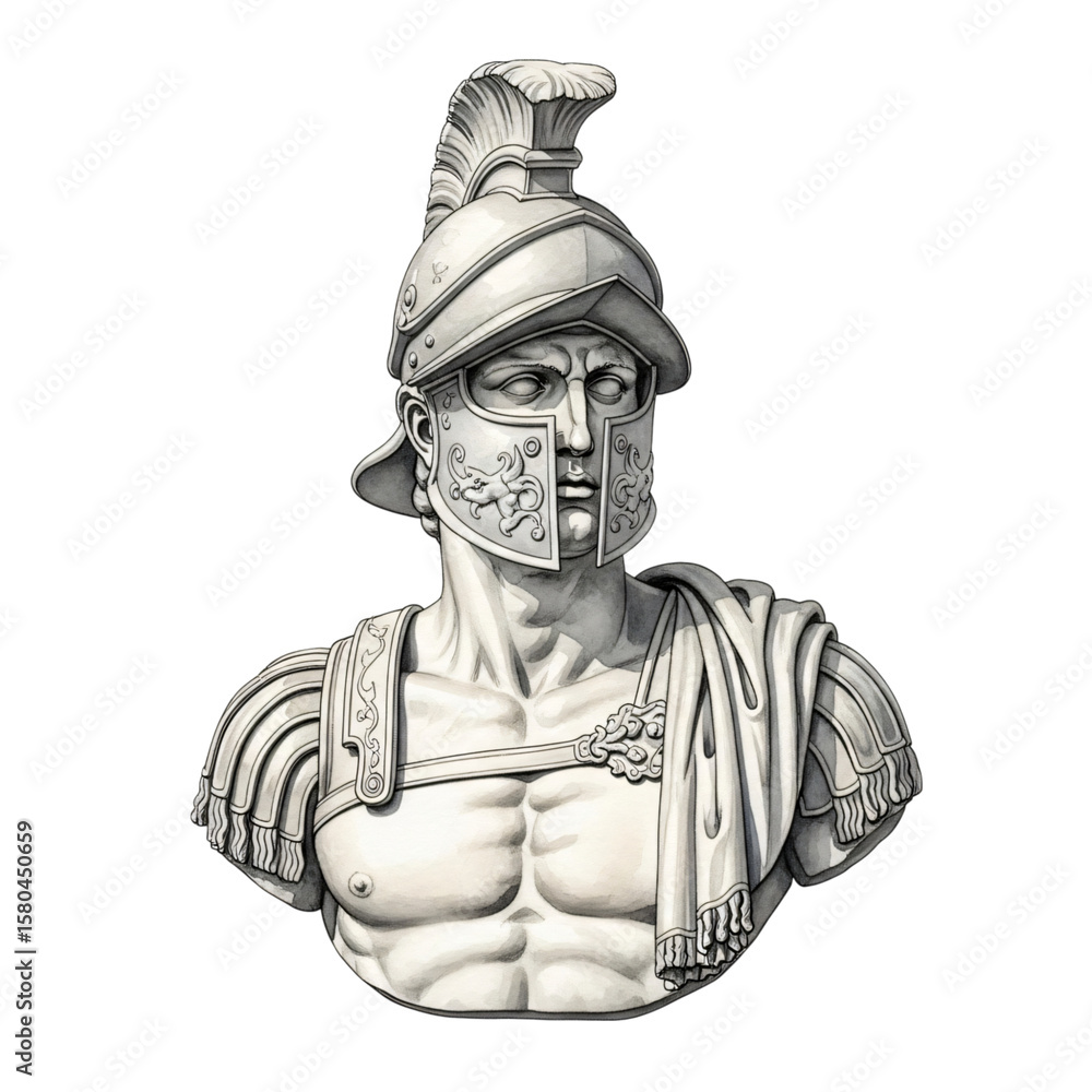 Obraz premium Roman warrior bust as ancient sculpture. Male statue in helmet on transparent background. Historical art for museum exhibit.