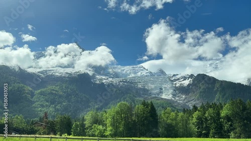 View from the window of his car as it passes through snow-covered Chamonix, Mont-Blanc, France.