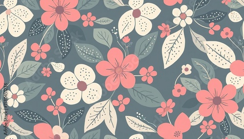 Abstract floral seamless pattern with dotted leaves and flowers, delicate design in pastel shades, design, background