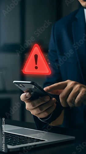 Cybersecurity Threat: Man in blue suit alerted by warning sign on phone at desk with laptop.