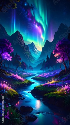 Northern Lights Over Mountain Landscape with Forest and River