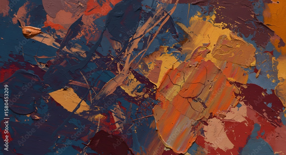 Fototapeta premium Colorful Abstract Painting with Layers of Shapes and Textures in Warm and Cool Tones