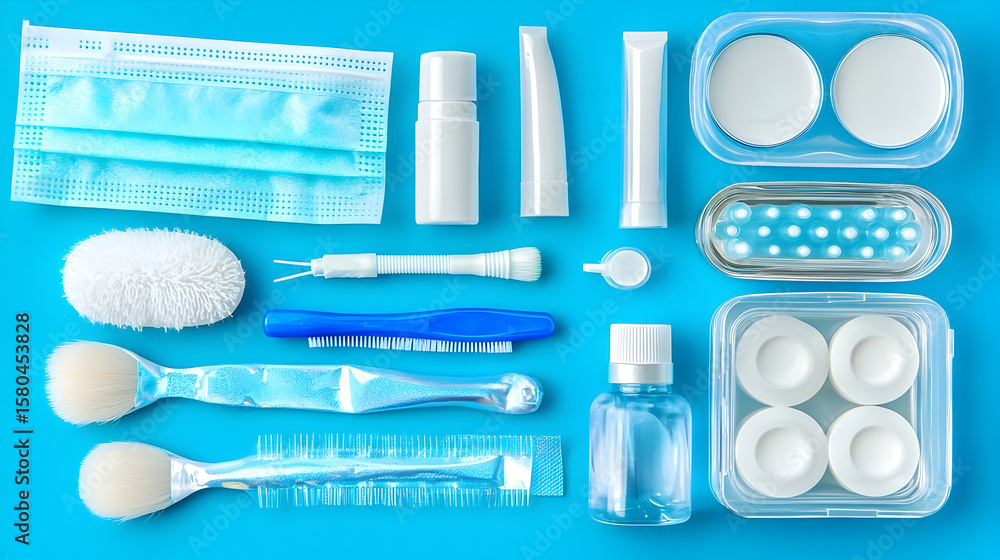 Obraz premium Flat lay of various personal care and hygiene items on a bright blue surface. Clean and organized