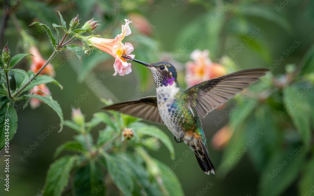 Fototapeta premium Hummingbird with iridescent feathers drinks nectar from a delicate pink and orange flower