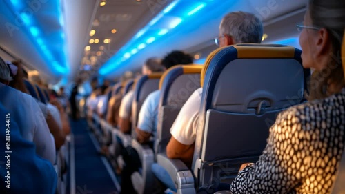 A realistic view inside the airplane cabin showing many passengers seated, with a warm color tone