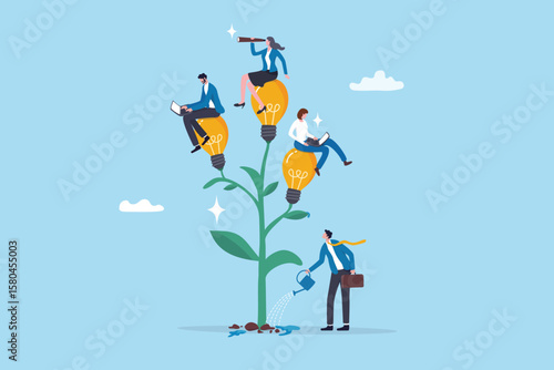 Career development planning, manager assist or coaching for career growth, mentor or support to help employee growing, improvement, businessman watering growing plant with employee career growth.