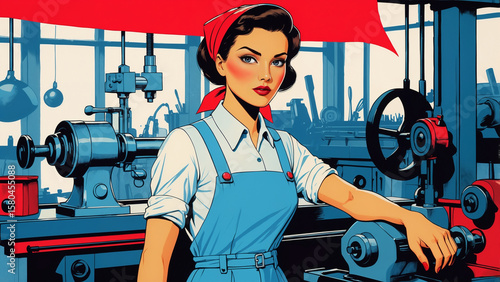 Vintage Pin-Up Style Female Factory Worker Operating Industrial Machinery in Retro Manufacturing Plant with Classic American Poster Art Design