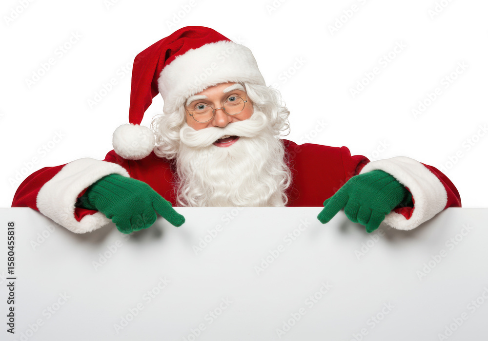 Naklejka premium A jolly santa claus with a white beard and glasses points to a blank white sign, isolated on a transparent background, embodying the spirit of christmas