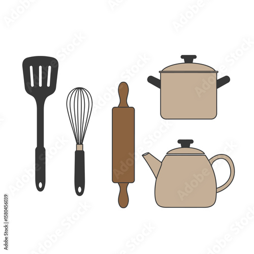 Simple illustration showing various cooking utensils arranged on a white background, ready for use.