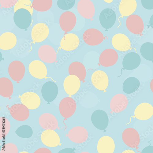 Pastel balloons in pink, yellow, and blue floating against a light blue background creating a festive pattern.