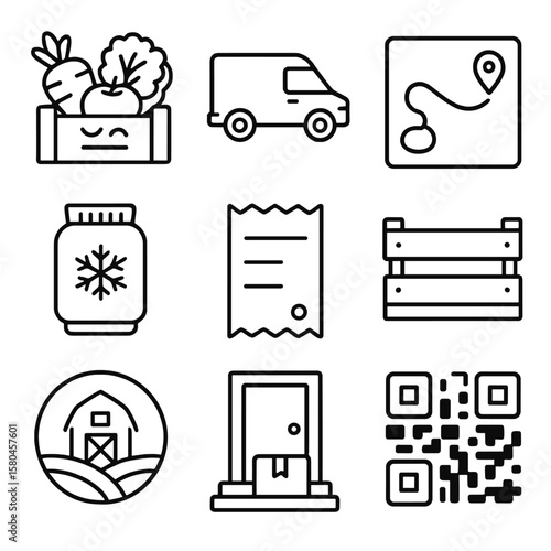 Farm Delivery Icons. Outline style icons of Farm-to-Table Delivery: produce box, delivery van, route map, ice pack, receipt,