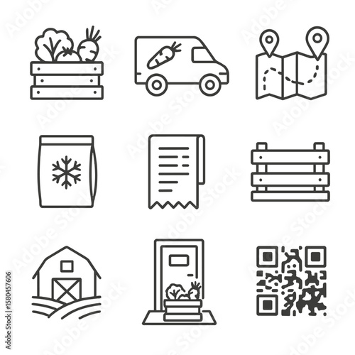 Farm Delivery Icons. Outline style icons of Farm-to-Table Delivery: produce box, delivery van, route map, ice pack, receipt,