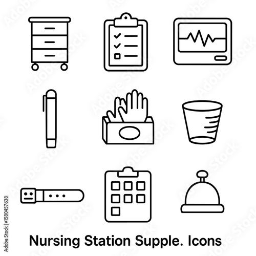 Nursing Station Supplies. Outline style icons of Nursing Station Supplies: medicine cart, clipboard, vital signs monitor, penlight