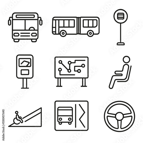 City Bus Icons. Outline style icons of City Bus System: city bus, articulated bus, bus stop pole, fare card reader, route map