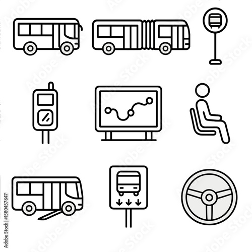 City Bus Icons. Outline style icons of City Bus System: city bus, articulated bus, bus stop pole, fare card reader, route map