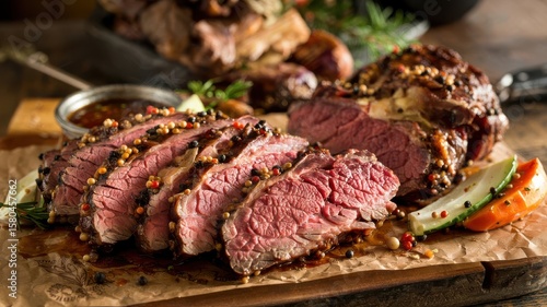 Smoked beef chuck slices with peppercorn crust on wooden cutting board displaying perfect smoke ring and tender red interior