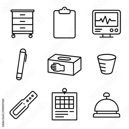 Nursing Station Supplies. Outline style icons of Nursing Station Supplies: medicine cart, clipboard, vital signs monitor, penlight