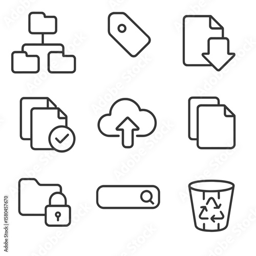 Digital Filing Icons. Outline style icons of Digital Filing System: folder tree, metadata tag, drag-drop file, duplicate checker,
