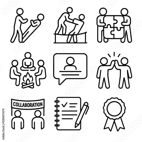 Team-Building Icons. Outline style icons of Team-Building Retreat: trust fall icon, rope challenge, group puzzle piece, campfire