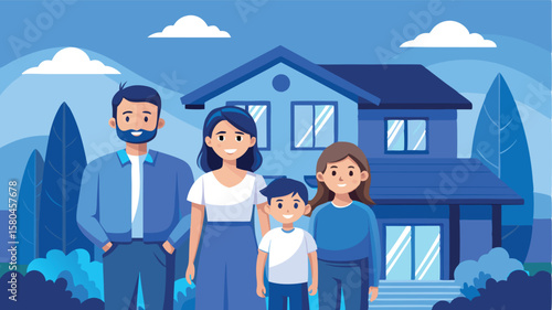 A young family stands in front of their new blue house, smiling. They are dressed in matching light blue and white outfits, creating a cozy and warm atmosphere.