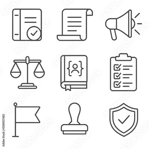 Compliance Icons Collection. Outline style icons of Compliance & Ethics Training: policy binder, regulation scroll, whistleblower