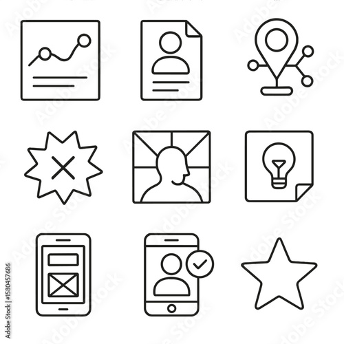 Design Sprint Icons. Outline style icons of Customer Experience Design Sprint: journey map, persona card, touchpoint icon, pain