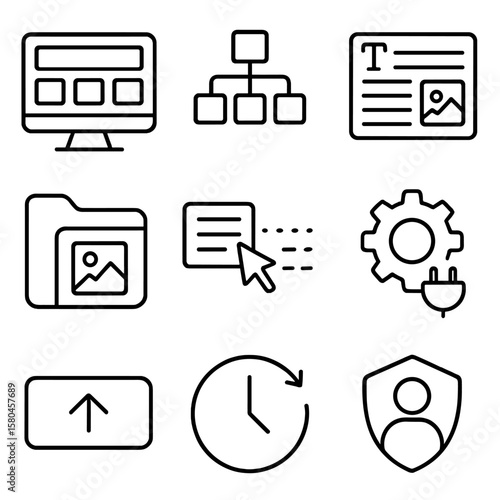 CMS Icon Set. Outline style icons of Content Management System: dashboard screen, page tree, WYSIWYG editor, media library folder,