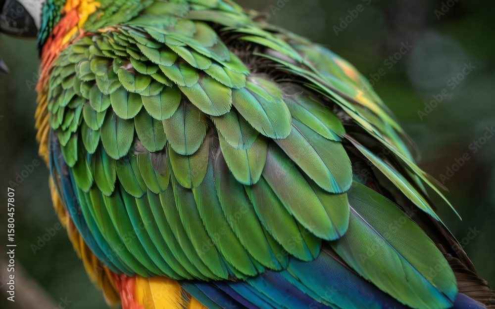 Obraz premium Close up macro shot of vibrant green parrot feathers with blue and yellow accents