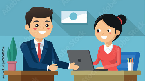 Professional job interview. Man in suit and woman at table, symbolizing agreement and cooperation. Formality and professionalism of business environment.