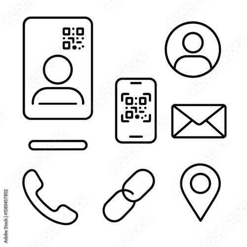 QR Code Icons. Outline style icons of QR Code Business Card: portrait card frame, corner QR code, profile avatar circle, name row,