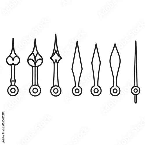 Ornate Clock Hand Icons. Outline style icons of Classic Clock Hands: ornate spade hour, ornate spade minute, cathedral hour,