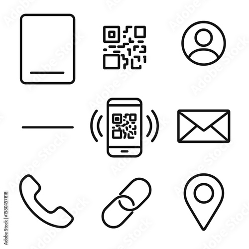 QR Code Icons. Outline style icons of QR Code Business Card: portrait card frame, corner QR code, profile avatar circle, name row,