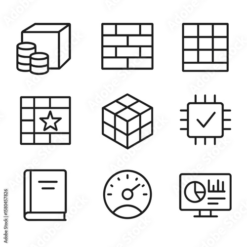 Data Warehouse Icons. Outline style icons of Data Warehouse Layers: source staging box, integration layer brick, dimension table,