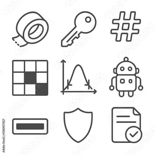 Data Privacy Icons. Outline style icons of Data Anonymization Techniques: masking tape icon, tokenization key, hashing hash sign,