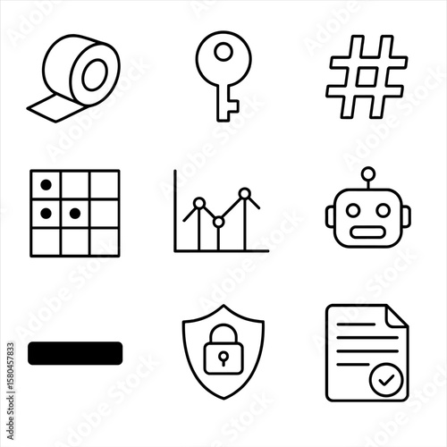 Data Privacy Icons. Outline style icons of Data Anonymization Techniques: masking tape icon, tokenization key, hashing hash sign,