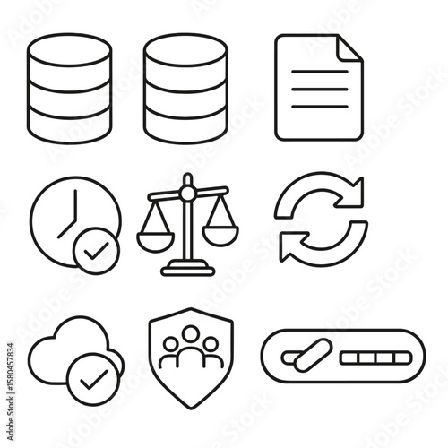 Data Replication Icons. Outline style icons of Data Replication Methods: primary database cylinder, replica database, write-ahead