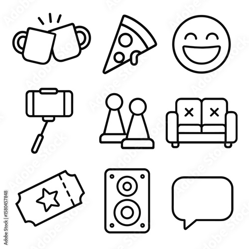 Best Friends Icons. Outline style icons of Best Friends Hangout: coffee mugs clink, shared pizza slice, laughing emoji, selfie