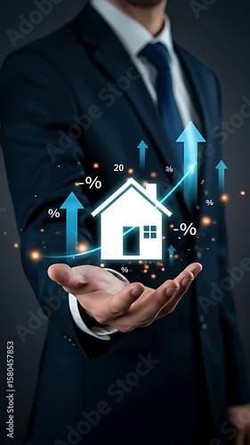 Real Estate Growth: Man in suit presents house icon symbolizing property value increase with upward trending arrows.