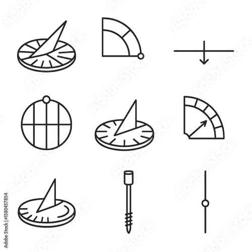 Outline Solar Clock Icons. Outline style icons of Solar Clock Hands: sundial gnomon shadow, seasonal hour mark, equinox line