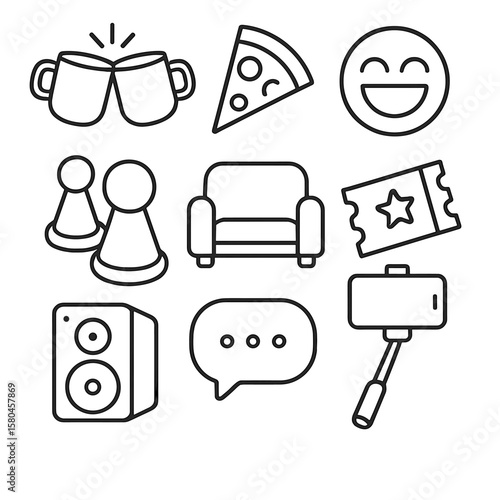 Best Friends Icons. Outline style icons of Best Friends Hangout: coffee mugs clink, shared pizza slice, laughing emoji, selfie