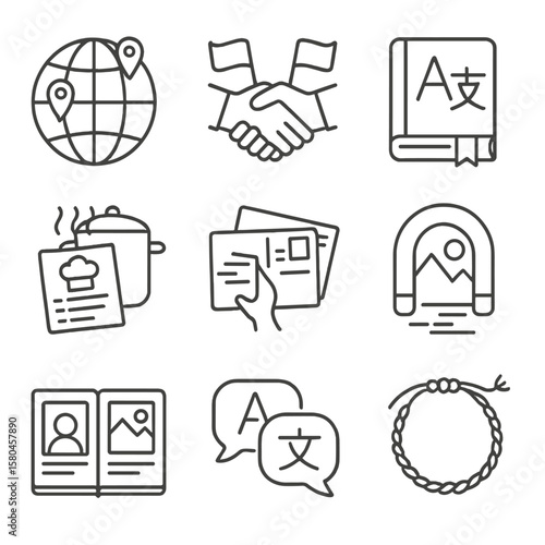 Cultural Exchange Icons. Outline style icons of Cultural Exchange Friends: globe pinpoints, flag handshake, language book, shared