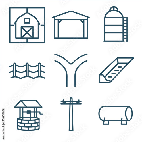 Farm Infrastructure Blueprint. Outline style icons of Farm Infrastructure Blueprint: barn layout plan, equipment shed, grain silo,